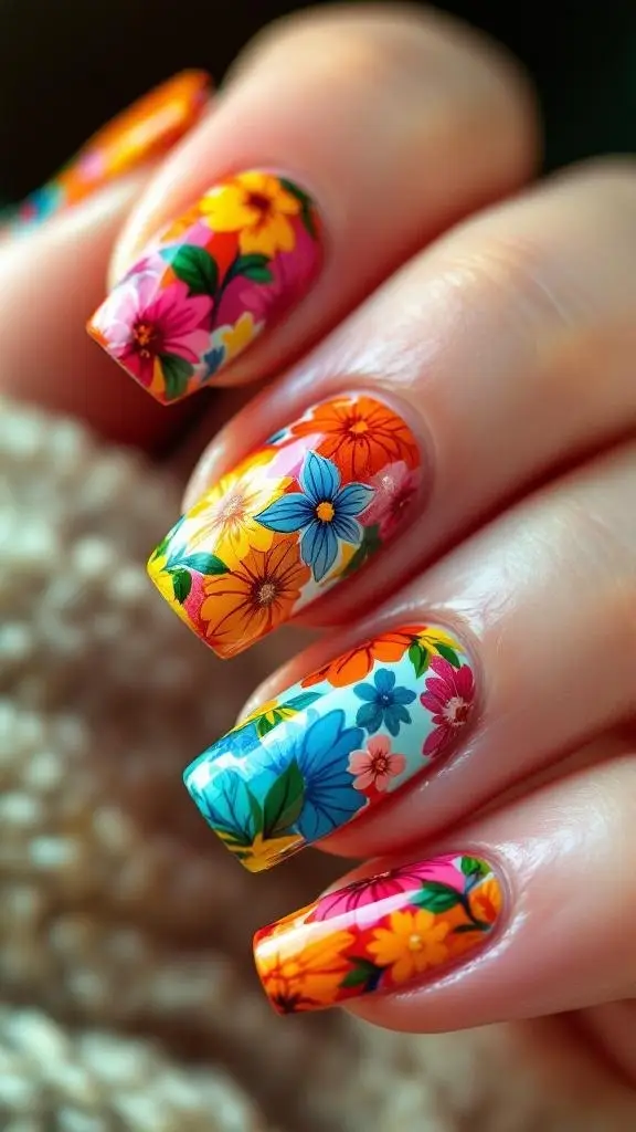 Colorful 1960s inspired floral nail art with various flower designs