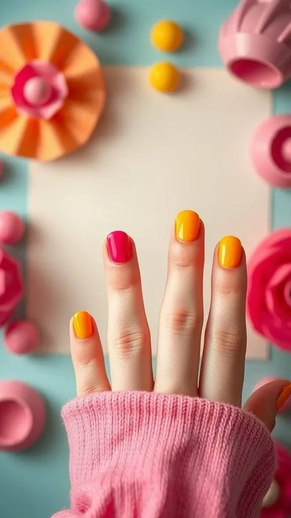 A hand with bright candy-colored nails in pink, orange, and yellow, surrounded by playful decorations.