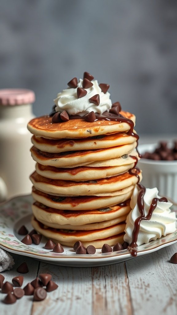 Stack of chocolate chip pancakes topped with whipped cream and chocolate sauce