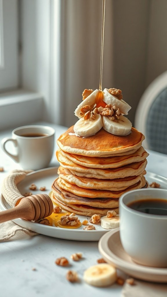 A stack of banana nut pancakes topped with banana slices and walnuts, drizzled with syrup.