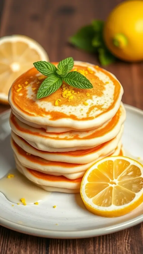 Stack of zesty lemon ricotta pancakes with lemon slices and mint