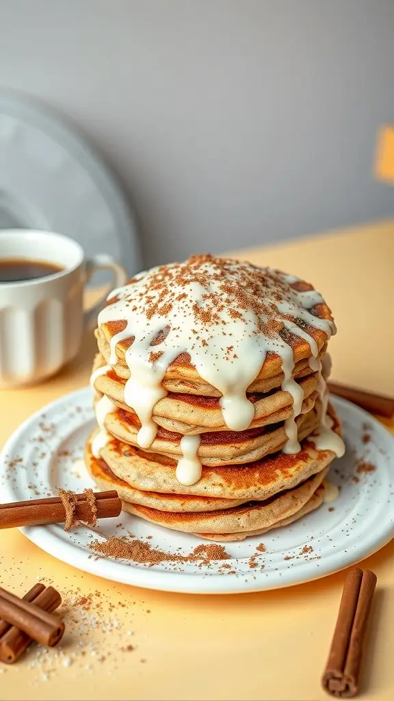 A stack of spiced cinnamon roll pancakes topped with cream cheese icing and cinnamon.