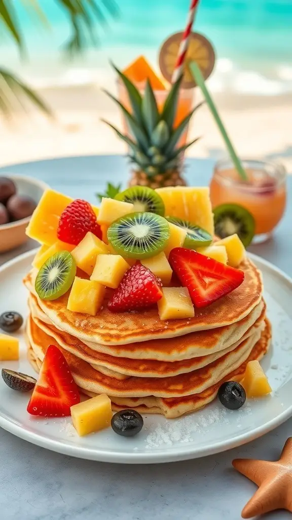 A stack of coconut pancakes topped with tropical fruits like strawberries, kiwi, and mango, set against a beach background.