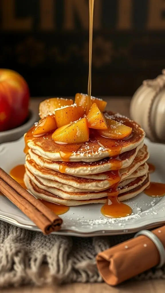 A stack of pancakes topped with caramelized apples and syrup, with cinnamon sticks on the side.