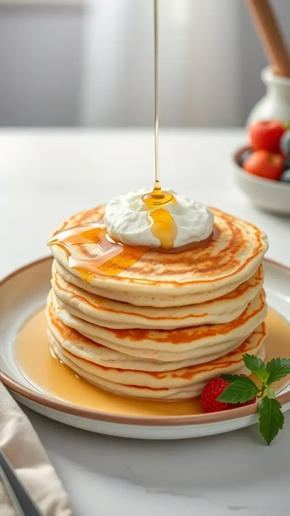 Stack of fluffy ricotta pancakes with syrup and whipped cream