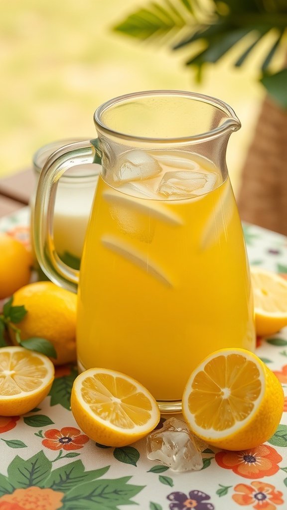 A pitcher of zesty lemonade with fresh lemons and ice, set on a floral tablecloth.
