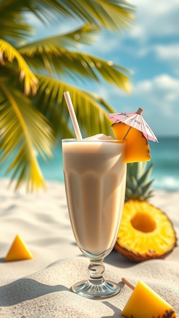 A creamy coconut and pineapple smoothie served in a tall glass with a slice of pineapple and an umbrella, set against a beach background.