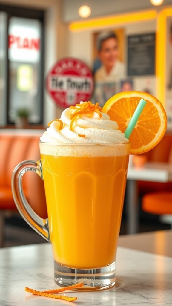 A refreshing glass of Classic Orange Julius topped with whipped cream and an orange slice.
