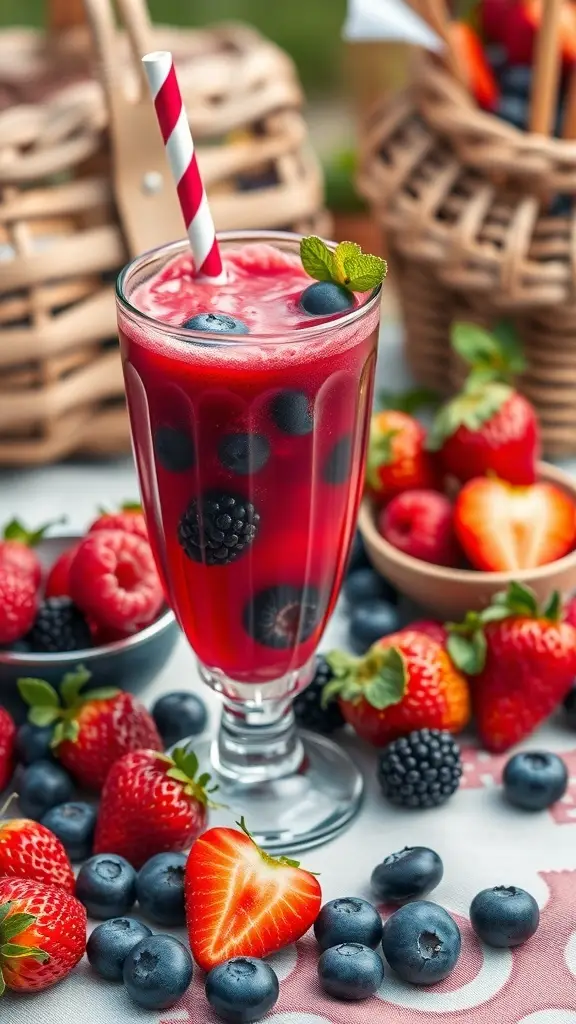 A refreshing Berry Blast Juice Mix served in a tall glass with fresh berries and a mint garnish.