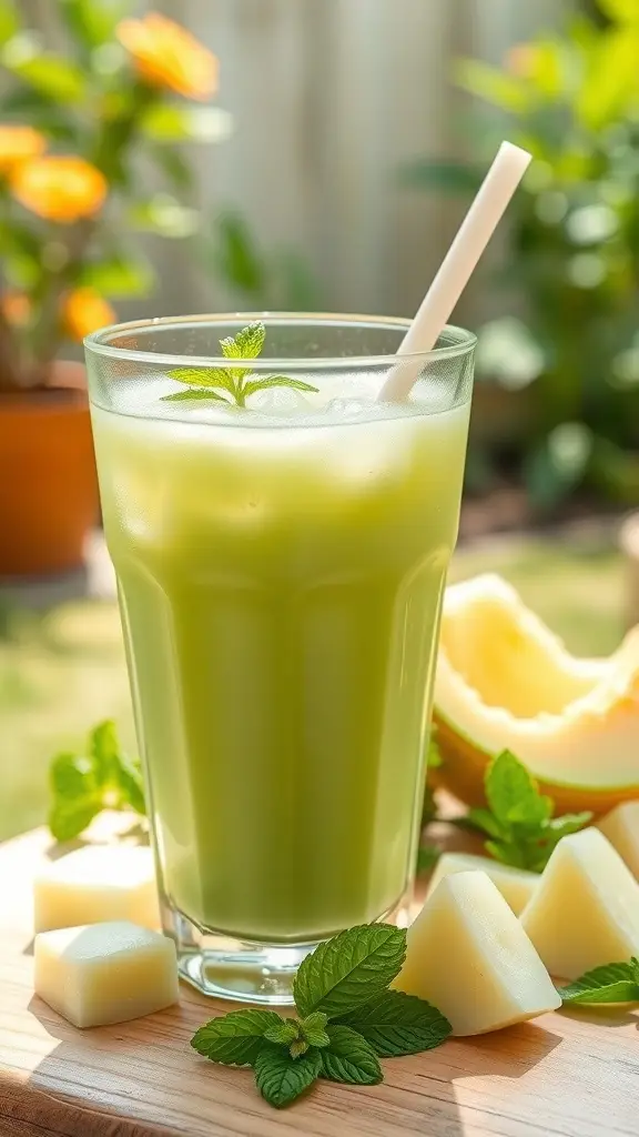 A refreshing glass of chilled honeydew melon juice with mint leaves and honeydew cubes beside it.