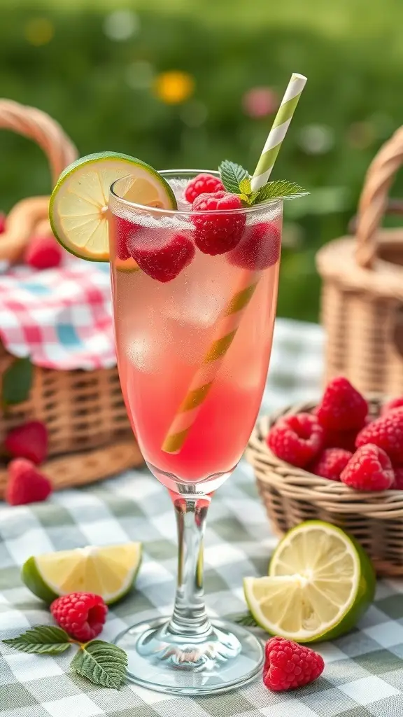 A refreshing Raspberry Lime Sparkler drink with garnishes, set against a picnic backdrop.