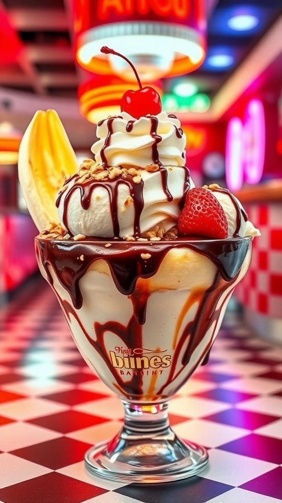 A classic banana split with ice cream, whipped cream, chocolate syrup, and a cherry on top.