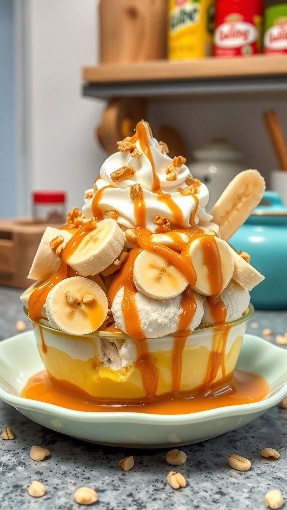 A delicious peanut butter banana split topped with whipped cream, caramel sauce, and chopped peanuts.