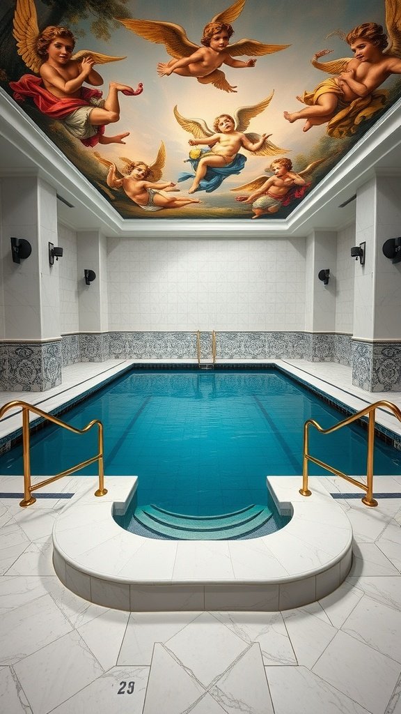 A luxurious indoor swimming pool with a painted ceiling featuring cherubs, marble steps, and gold railings.
