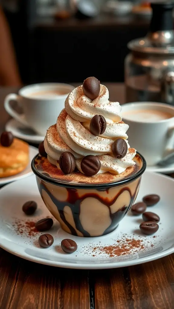 A gourmet coffee banana split with whipped cream and chocolate syrup, served in a bowl.