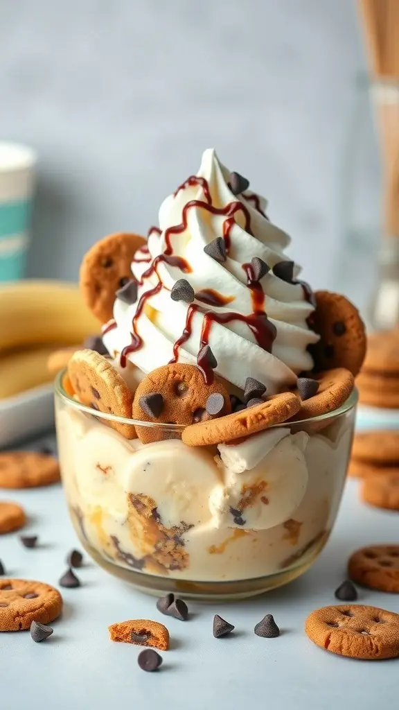 A delicious banana split topped with cookie dough, whipped cream, and chocolate syrup.