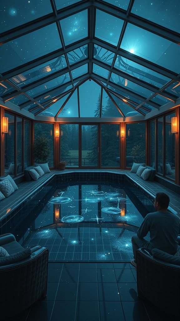 A cozy indoor pool area with glass walls, lanterns, and a starry sky reflection on the water.