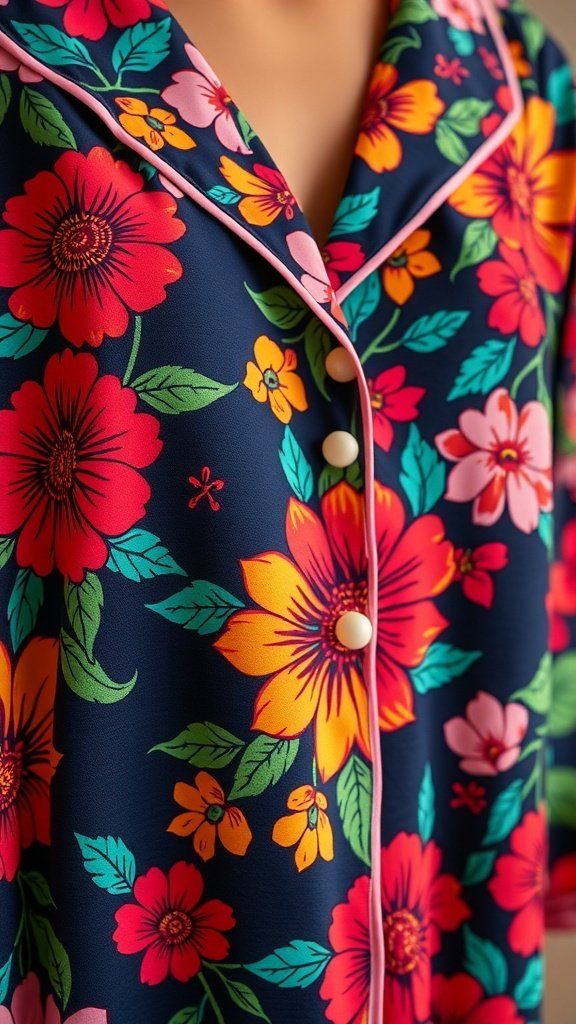 Close-up of a retro inspired sleep wear set featuring bold floral patterns in vibrant colors.