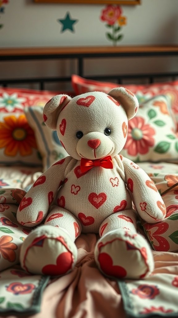 A teddy bear with heart prints sitting on a bed with colorful floral bedding.