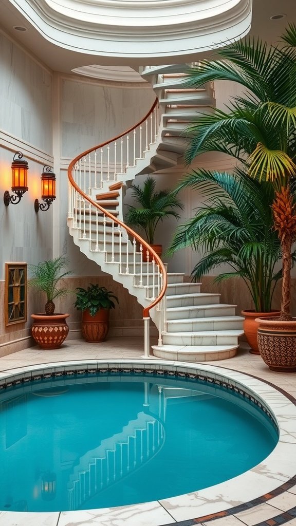An elegant indoor pool with a spiral staircase and lush plants surrounding it.