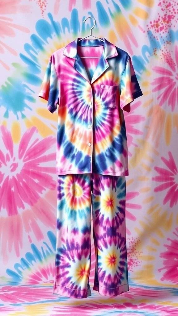 A colorful tie-dye pajama set hanging against a vibrant tie-dye background.