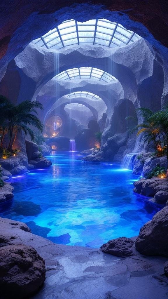 Indoor pool with vibrant blue and pink lighting, surrounded by plants and lounge chairs.