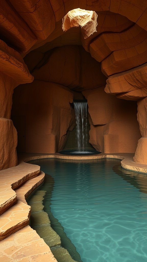 A serene swimming area with a waterfall surrounded by rocky walls, evoking a natural canyon.