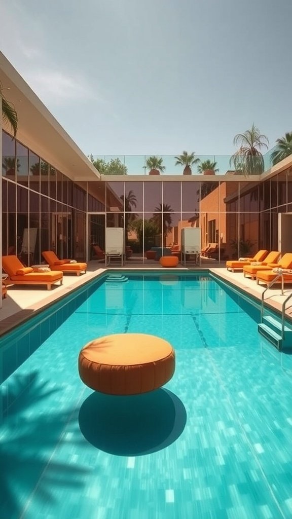 A stylish pool area featuring vibrant colors and reflective surfaces, reminiscent of 1960s design.