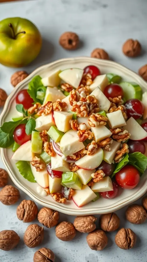 A colorful Waldorf salad featuring apples, grapes, celery, and walnuts, served on a plate with walnuts scattered around.