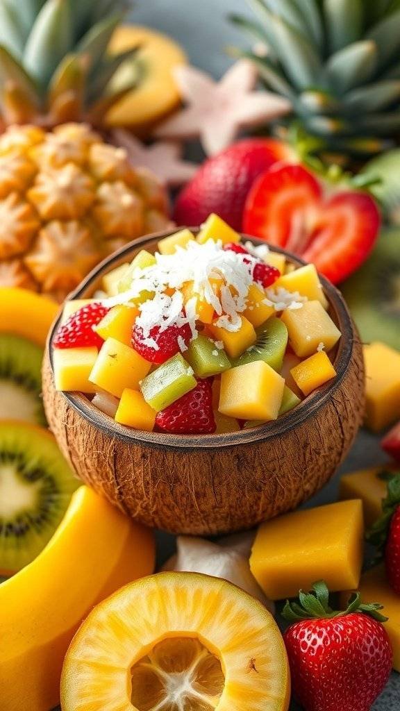 A colorful tropical fruit salad featuring strawberries, mangoes, kiwi, and pineapple, topped with shredded coconut.