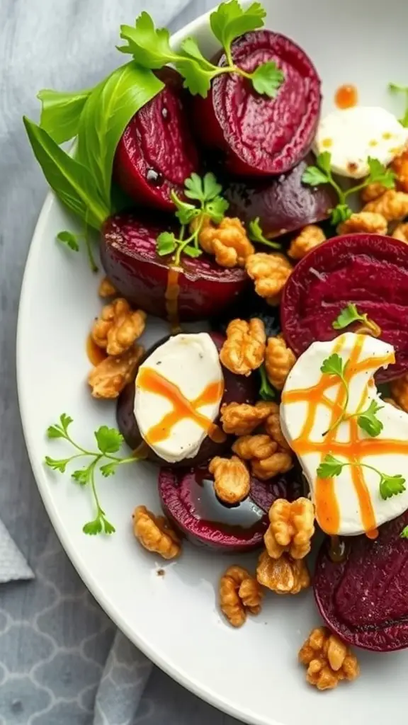 A vibrant beet and goat cheese salad with nuts, featuring roasted beets, creamy goat cheese, and toasted walnuts, garnished with fresh herbs.