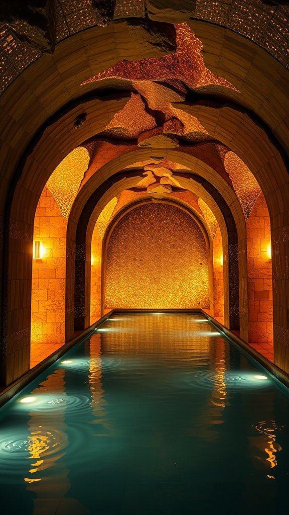 A luxurious swimming pool in a grotto setting with warm lighting and artistic arches.