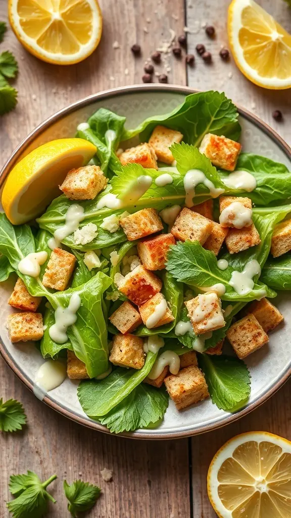 A vibrant Caesar salad with croutons, romaine lettuce, and lemon wedges on a wooden table.