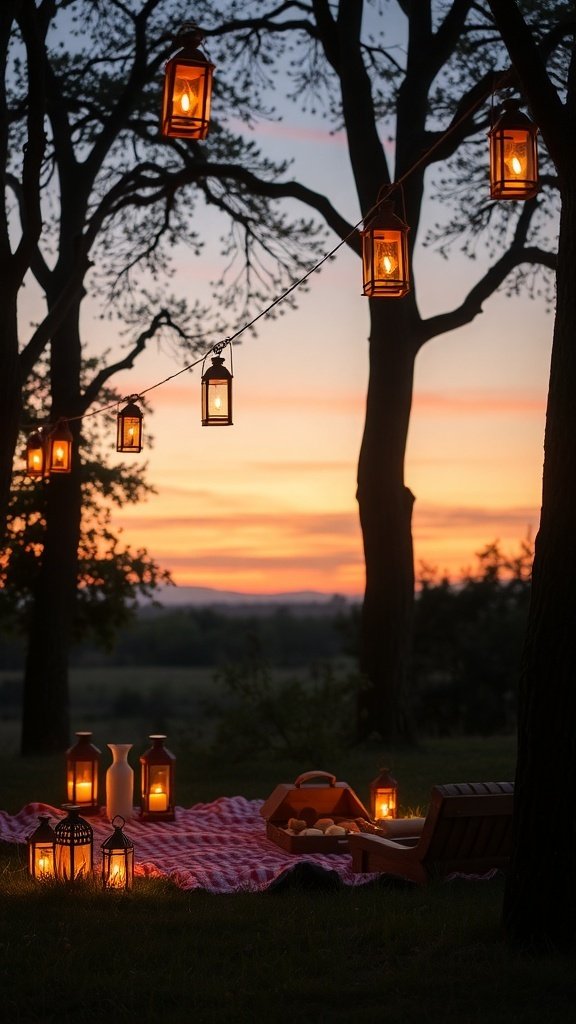 A cozy picnic setting with old-fashioned lanterns, a checkered tablecloth, and a sunset in the background.