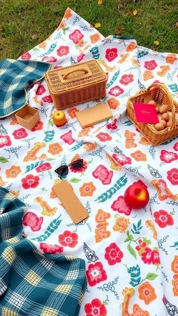 A colorful picnic blanket with fruits and flowers, featuring a wicker basket and picnic essentials.