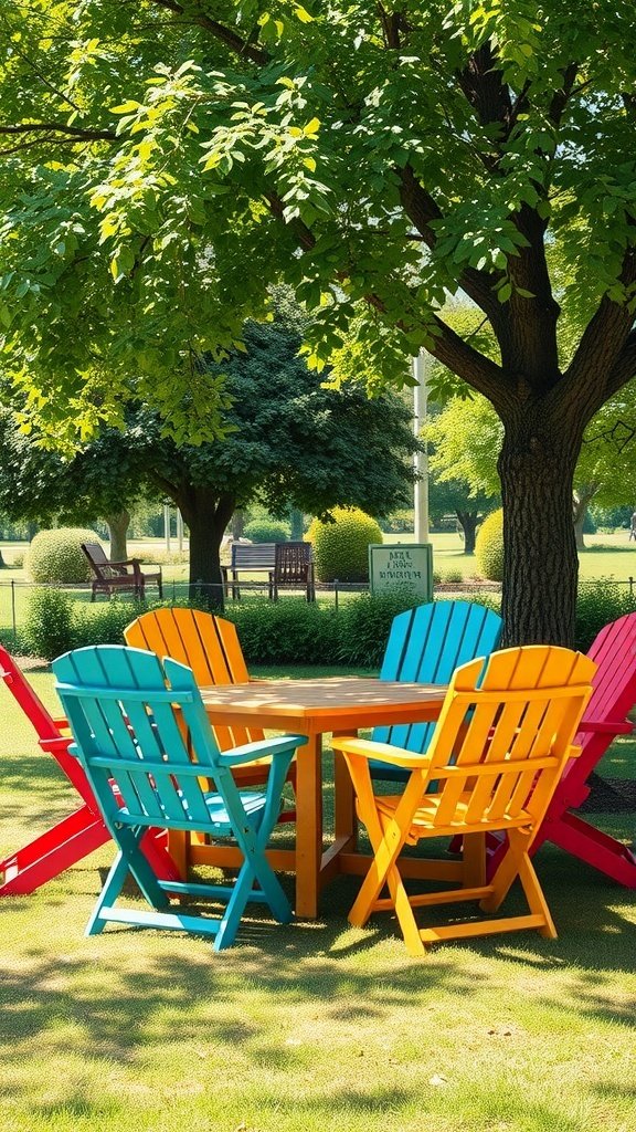 Colorful retro folding chairs around a wooden table in a park setting