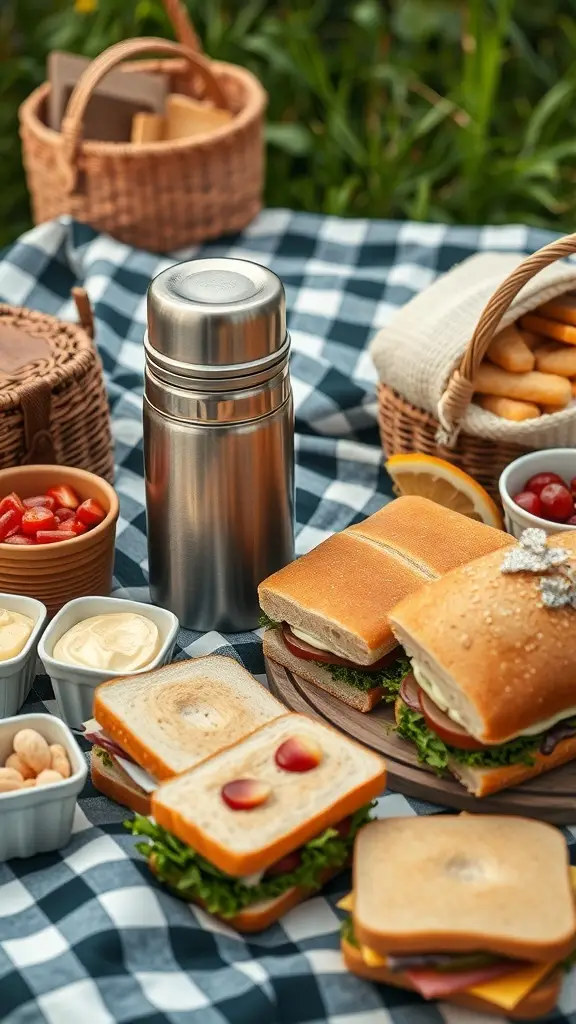 A classic metal thermos surrounded by picnic food on a checkered blanket