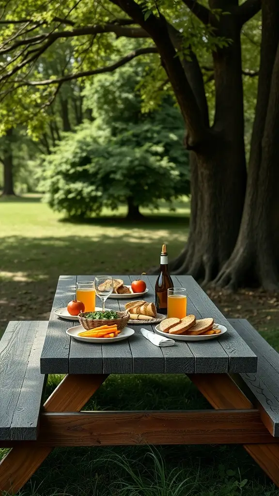 A classic wooden picnic table set with food and drinks in a park