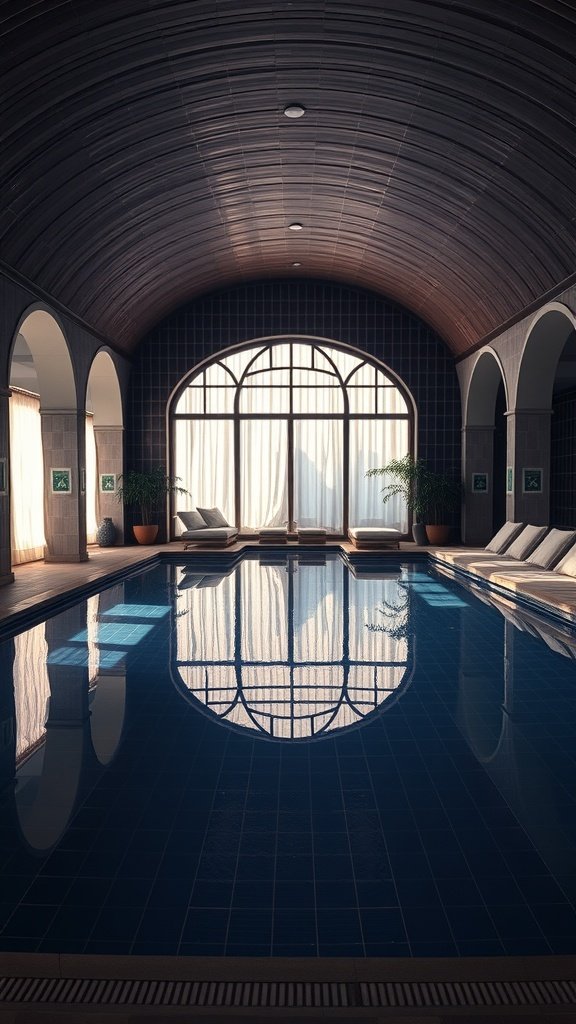 A luxurious indoor swimming pool with a curved ceiling and elegant curtains, reflecting a serene atmosphere.