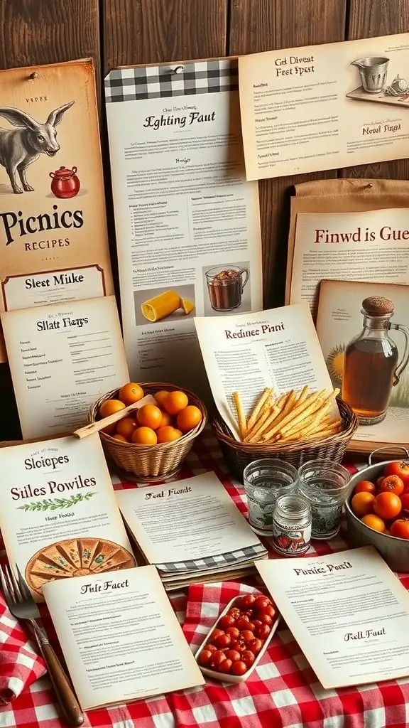 A collection of old-fashioned picnic recipes displayed on a checkered tablecloth with fruits and snacks.