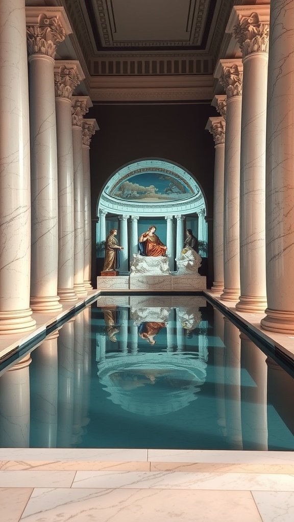 A luxurious swimming area featuring tall columns and reflective water, inspired by Roman architecture.