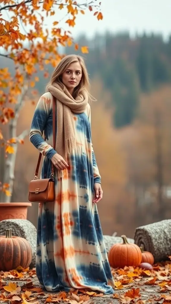 Woman wearing a tie dyed maxi dress with a scarf in a fall setting