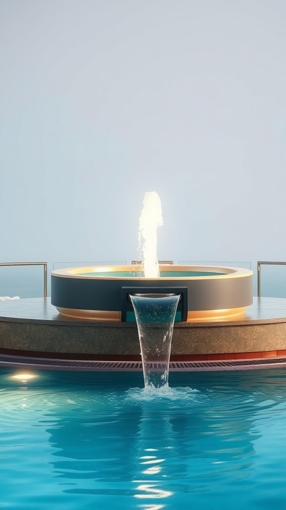 A luxurious whirlpool on a balcony with cascading water, surrounded by a serene pool.