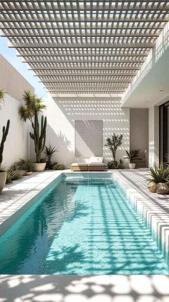 A modern swimming pool surrounded by plants and a bright, airy atmosphere.