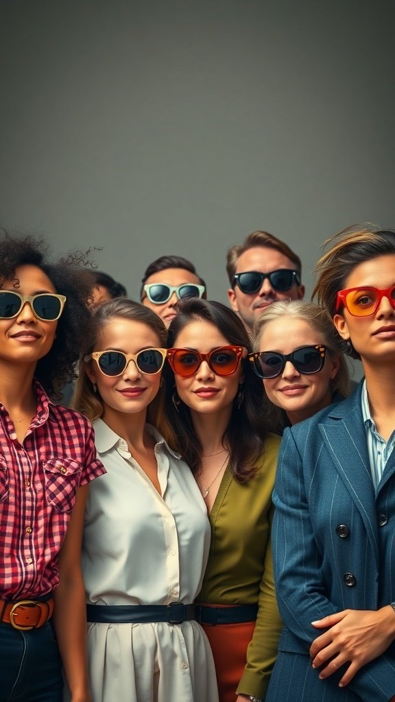 A diverse group of people wearing various styles of vintage sunglasses.