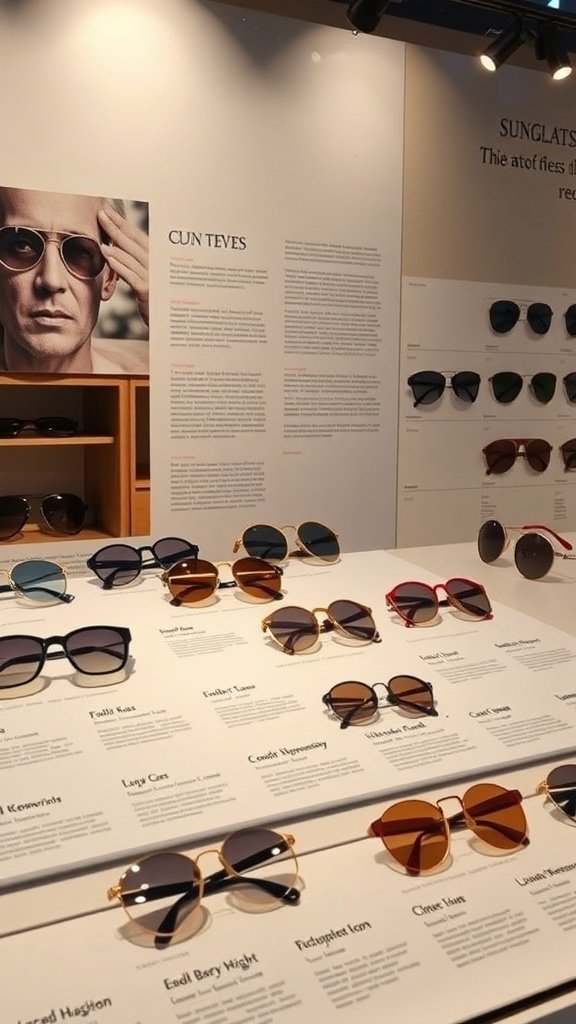 A display of vintage sunglasses showcasing various styles and colors.