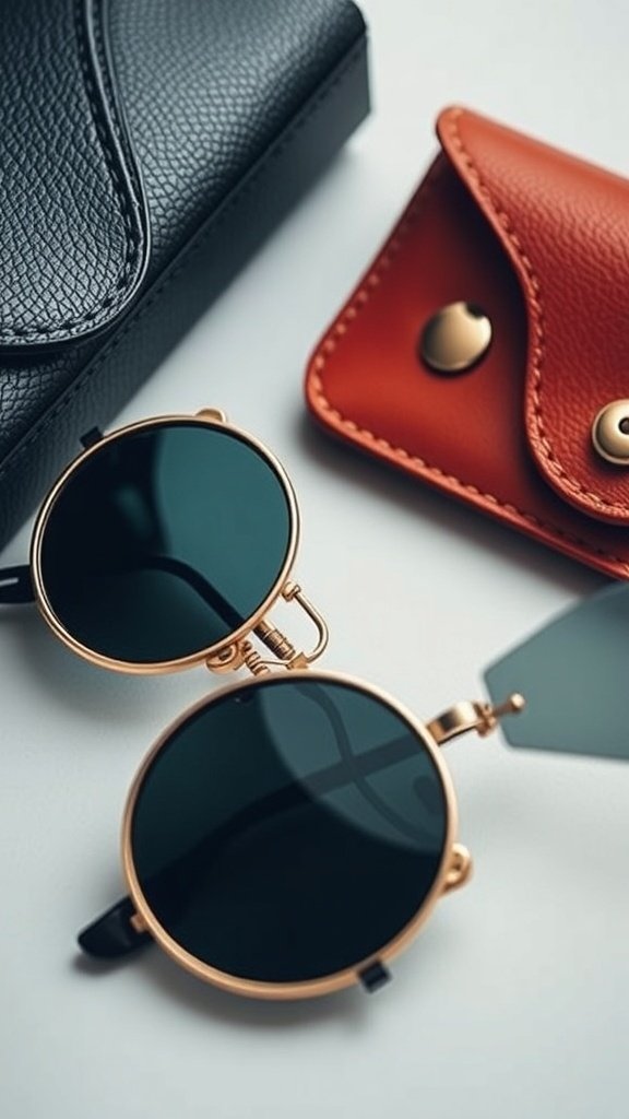 A pair of vintage sunglasses on a yellow background, with a classic case in the background.