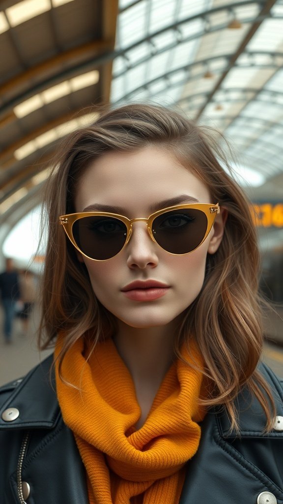 cat eye sunglasses at the train station