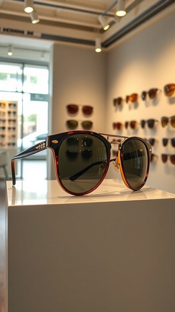 Two pairs of vintage sunglasses displayed in an art gallery with paintings in the background.