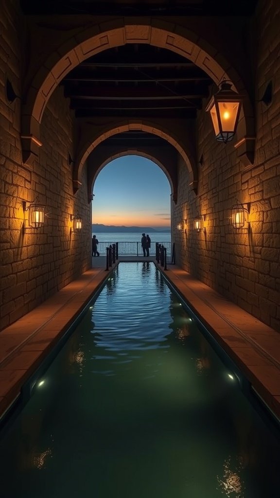 A serene swimming area with arched passageways and lanterns, reflecting a sunset.